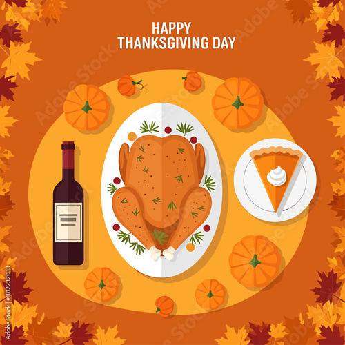 A festive Thanksgiving dinner table spread illustration with a roasted turkey centerpiece, pumpkin pie, and autumn foliage