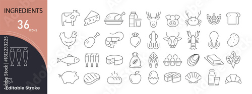 Ingredient icons set. Includes icons for spices, vegetables, herbs, liquids, mixtures, kitchen elements, cooking materials, food items, and recipe components. Editable stroke..