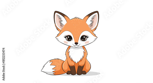 Cute cartoon fox sitting with fluffy white chest and bushy tail, isolated on white.