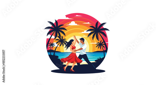 Couple dancing salsa on a tropical beach at sunset with palm trees.