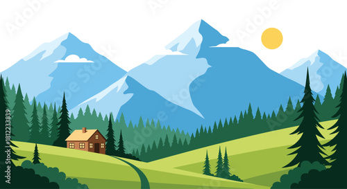 Flat illustration of a serene mountain landscape with a cozy cabin and pine trees under a sunny sky.