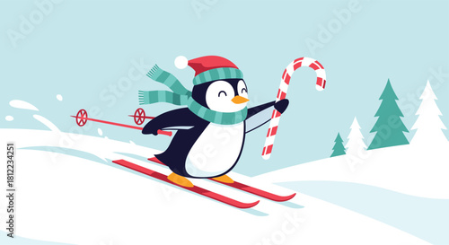 A cheerful cartoon penguin in a Santa hat and scarf skis downhill while holding a candy cane.