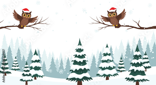 Christmas owls wearing Santa hats perched on snowy branches above a winter forest scene with snow falling.