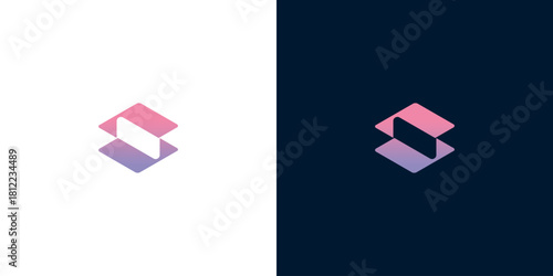 Abstract geometric logo design with layered cubes in pink and purple gradient on white and dark blue backgrounds