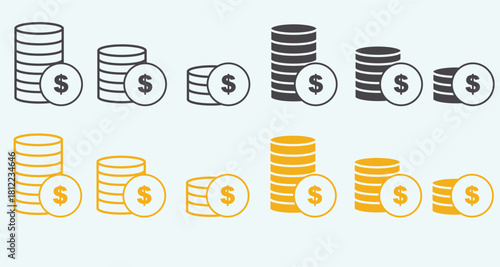A collection of vector coin icons featuring various stacks and currency symbols. Ideal for financial topics, banking, investment, economy illustrations, payment systems, budgeting apps, and business i