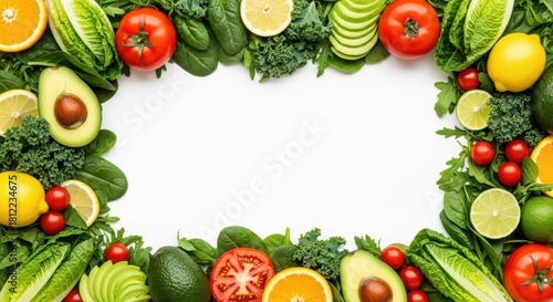 Fototapeta Naklejka Na Ścianę i Meble -  Fresh colorful assortment of healthy fruits and vegetables border on white background