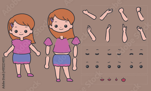 Cute Female Character Builder for Motion Design. Including various arm poses, emotion faces, and accessories for animation projects. Perfect for animation, motion graphics, and videos