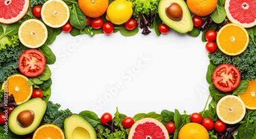 Fototapeta Naklejka Na Ścianę i Meble -  Vibrant assortment of fresh fruits and vegetables arranged in a border