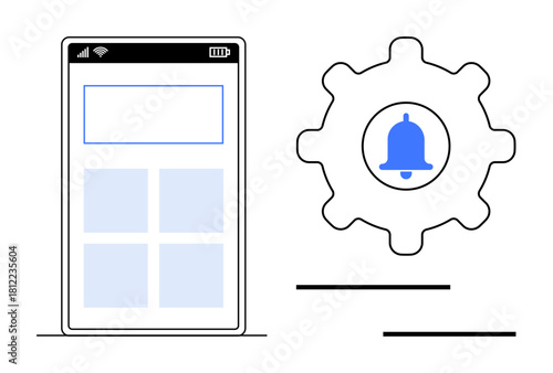 Smartphone interface next to gear and bell icon. Ideal for app settings, alerts, customization, user interface, mobile technology, software design, simple flat metaphor