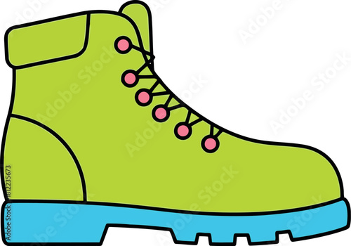 Bright green hiking boot blue sole vector illustration
