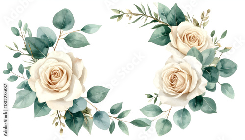 Floral Elegance: Delicate watercolor composition features creamy roses and eucalyptus leaves, crafting a frame of natural beauty, perfect for design and invitations.