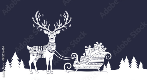 A decorative white reindeer pulls a sleigh full of gifts through a snowy forest at night.