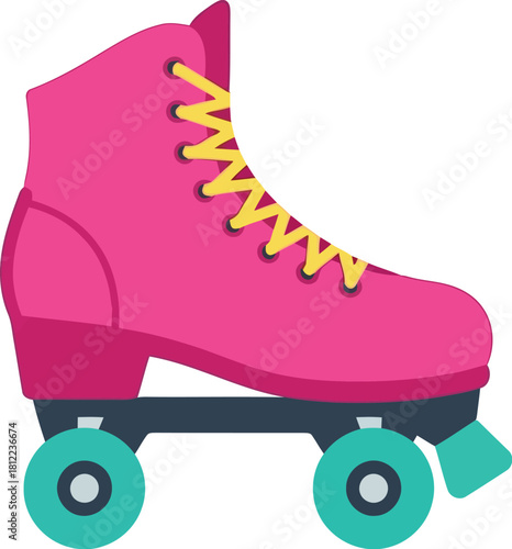 Retro pink roller skate with teal wheels