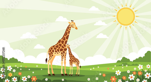 A mother and baby giraffe standing in a sunny meadow with flowers.