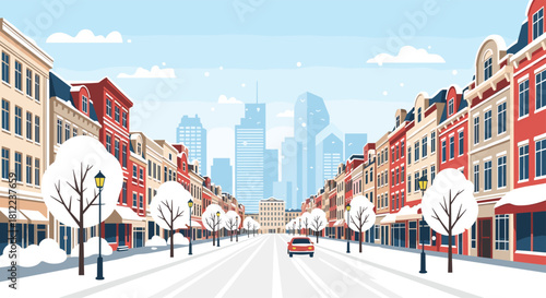 A snow-covered street in a city with colorful buildings and tall skyscrapers in the background.