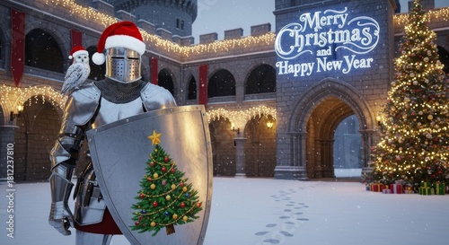 Knight Celebrating Christmas at the Castle - A knight in shining armor with a Christmas hat stands in front of a castle with a Christmas tree and decorations.