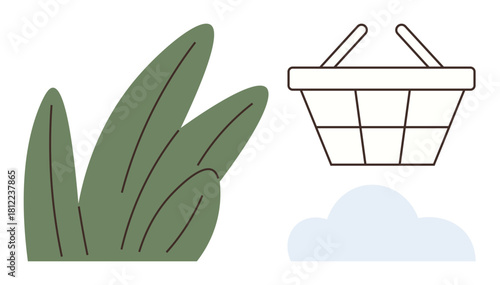 Simple picnic basket with bold green grass blades and soft cloud, emphasizing nature and leisure. Ideal for outdoor activities, recreation, simplicity, nature, relaxation, eco-lifestyle