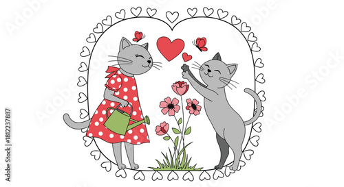 Two cute cartoon cats in a heart-shaped frame with butterflies, flowers, and a watering can.