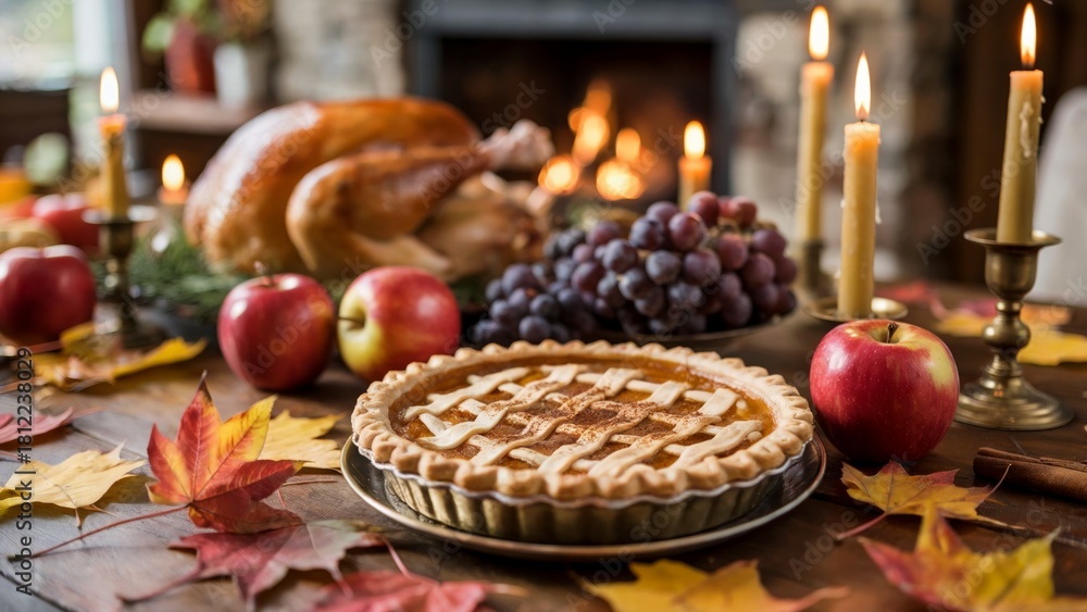 Fototapeta premium Cinnamon Pumpkin Pie and Turkey by the Hearth