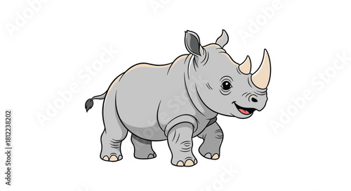 Cute cartoon baby rhinoceros walking happily with a friendly smile and playful ears; white background.