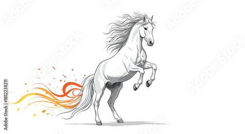 Majestic white horse rearing up with a fiery tail on a plain background.