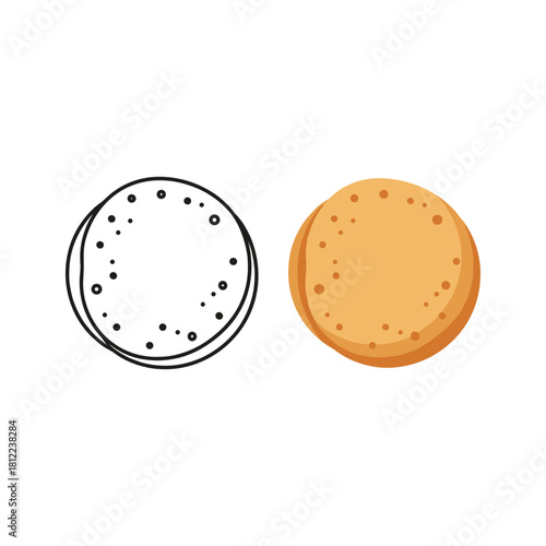 Mexican tortilla or flatbread outline and color vector icon set