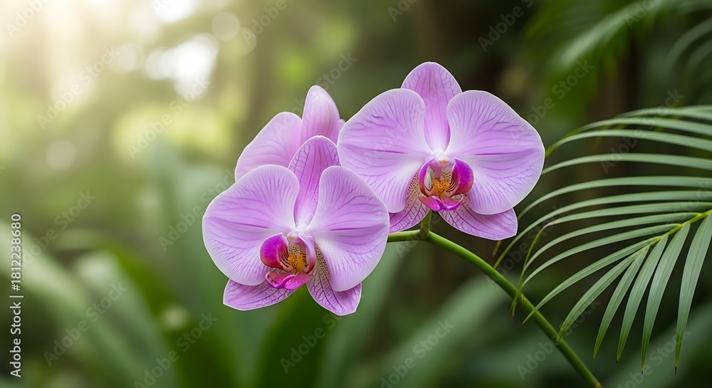 Obraz premium Close up of delicate light purple phalaenopsis orchid flowers blooming in garden