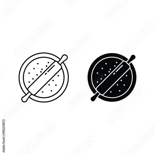 Baking icon: rolling pin on dough, outline and solid design set