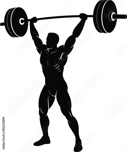 Black silhouette vector of a muscular man weightlifting a barbell overhead, performing a clean and jerk or snatch lift, symbolizing strength, fitness, power, training, dedication, and championship 
