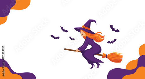 A happy cartoon witch with long orange hair flies on a broomstick with bats around her.
