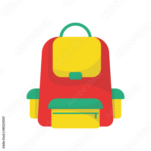 Isolated cartoon illustration of a school bag in red and yellow and green color variations for a back to school themed image icon