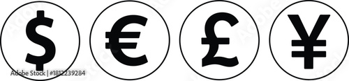 Set of four major currency symbols: Dollar, Euro, Pound Sterling, and Yen/Yuan, depicted as black icons in circles, representing global finance, banking, international trade, and money