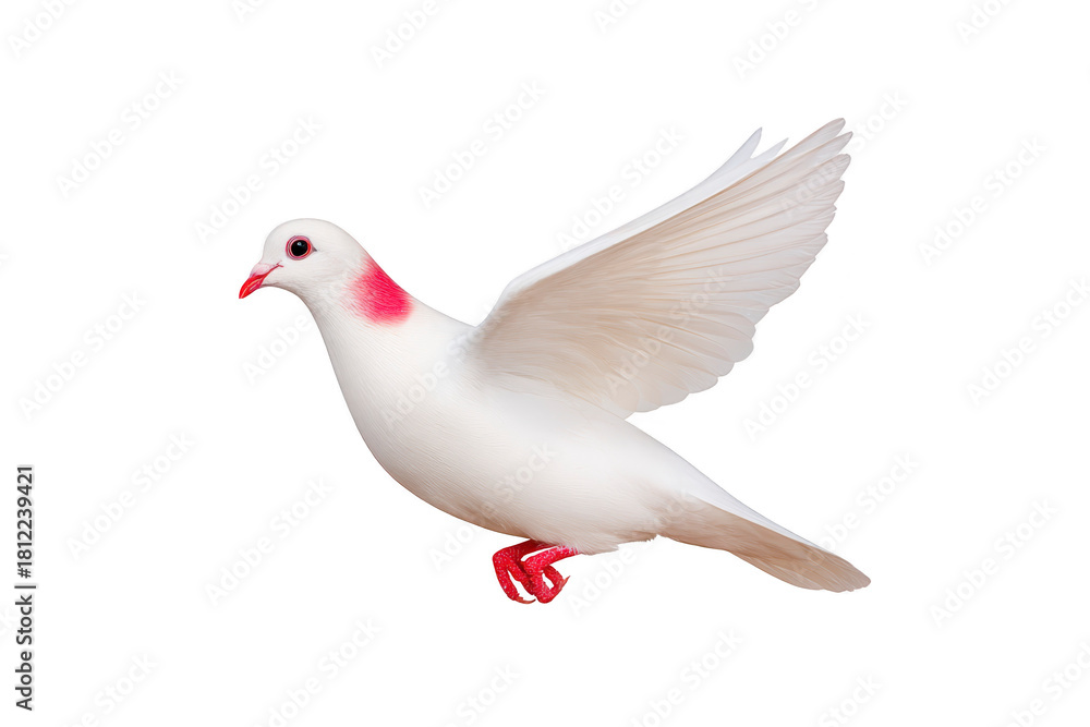 Fototapeta premium White dove with red feet and beak in mid flight, wings spread, isolated on transparent background, symbolizing peace, freedom, and purity, with soft feathers and gentle expression
