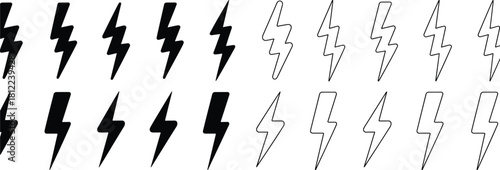 Collection of black lightning bolt icons, featuring solid and outline styles, symbolizing energy, electricity, power, speed, quickness, danger, and fast delivery, isolated on a transparent 