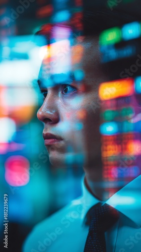 A focused young man gazes thoughtfully, illuminated by colorful digital displays, reflecting a blend of technology and human emotion.