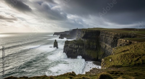 Dramatic coastal cliffs under stormy grey clouds 