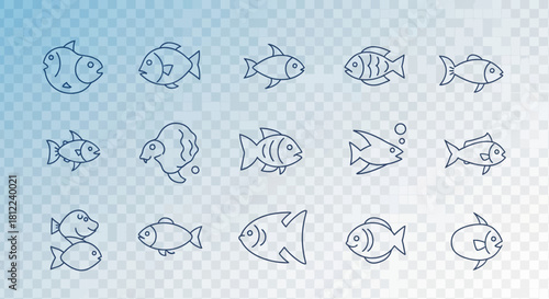 Collection of outlined fish icons, various styles, minimalist line art design elements perfect for
