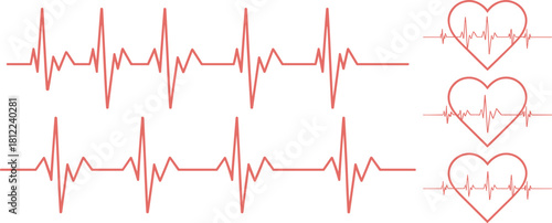 Continuous vital sign monitoring lines, showing normal and steady heart rate EKG or ECG pulse, with three distinct heart-shaped icons, symbolizing human health, life, medicine, and cardiology 