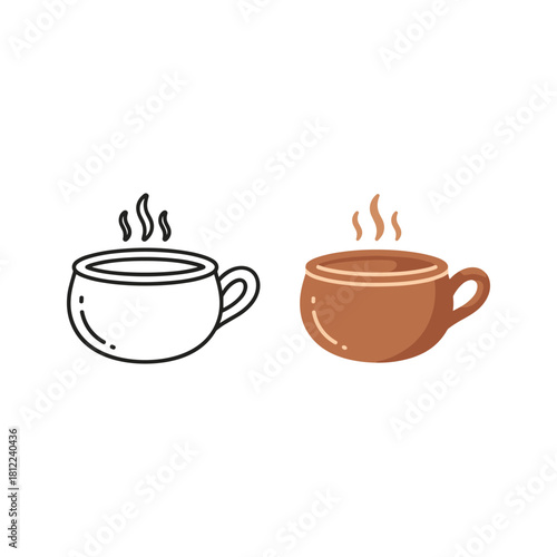 Two hot coffee cups outline and filled vector graphic design