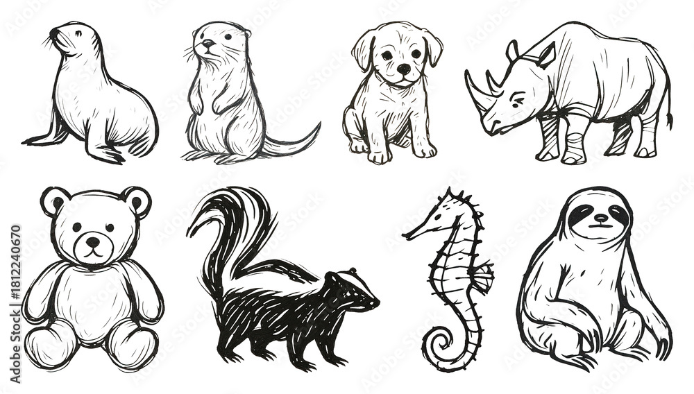 Obraz premium PNG Hand-drawn animal sketch collection, element set on transparent background