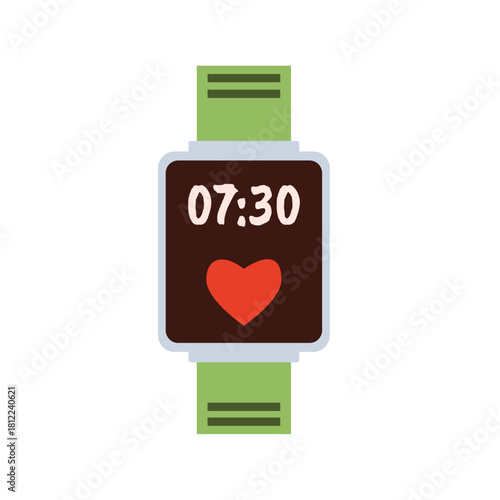 Digital watch illustration. Isolated smartwatch. Modern wristwatch with a green strap in a flat style.