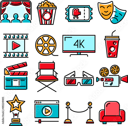 Cinema and Movie Line Icons Set