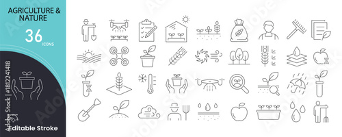 Agriculture and Nature icons set. Includes icons for farming, plants, soil, growth, crops, trees, ecology, weather, sustainability, and natural resources. Editable stroke.