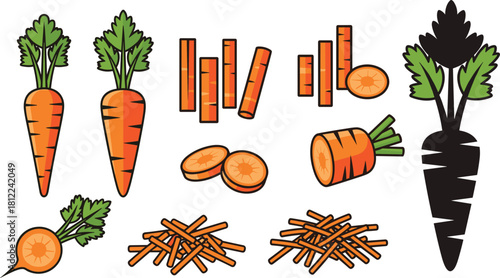 Carrot illustration, vegetable icons, sliced carrots, shredded carrots, cooking ingredients, food preparation, carrot pieces, culinary art, vegetarian diet, fdiet concept, food education