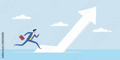 Businessman running up an upward trending arrow towards the sky