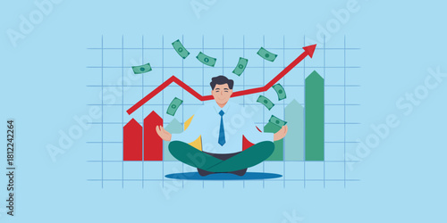 Man meditating amidst financial growth and falling money