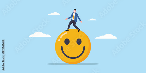 Businessman walking on a giant smiling face in the sky