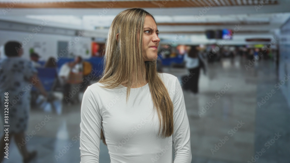 Fototapeta premium Woman frowning with scrunched face and white long sleeve top at airport terminal; annoyance travel stress.