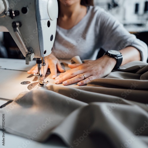 Manos femeninas guiando tela color neutro a través de una máquina de coser profesional; iluminación suave, detalles de hilo y aguja, ambiente de taller textil, estilo realista
