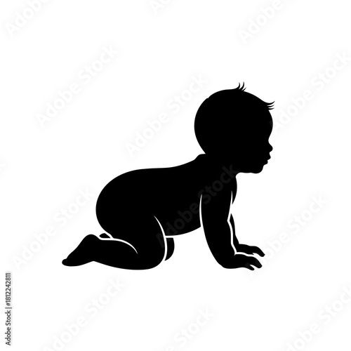 Black silhouette of a baby crawling on hands and knees isolated on white background silhouette